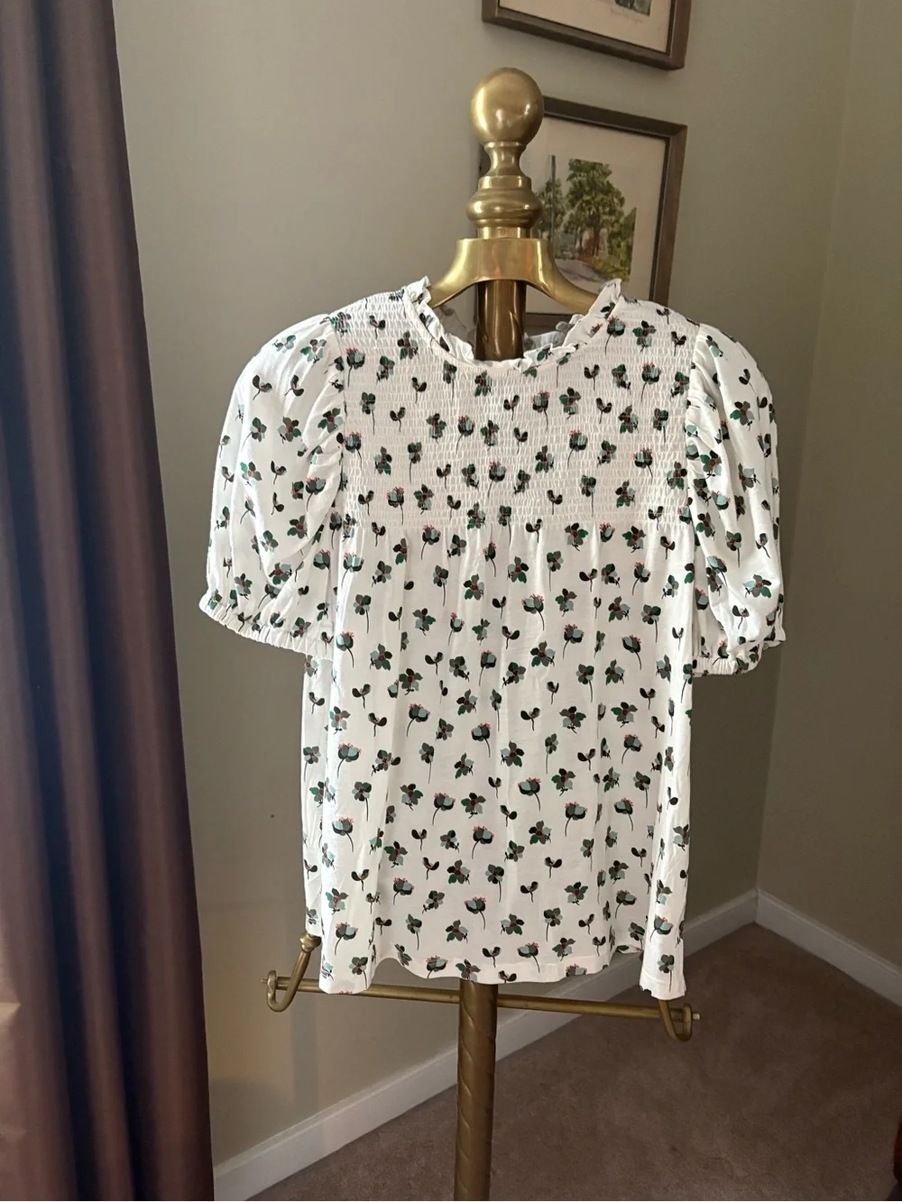 LOFT White Floral Smocked Puff Sleeve Blouse